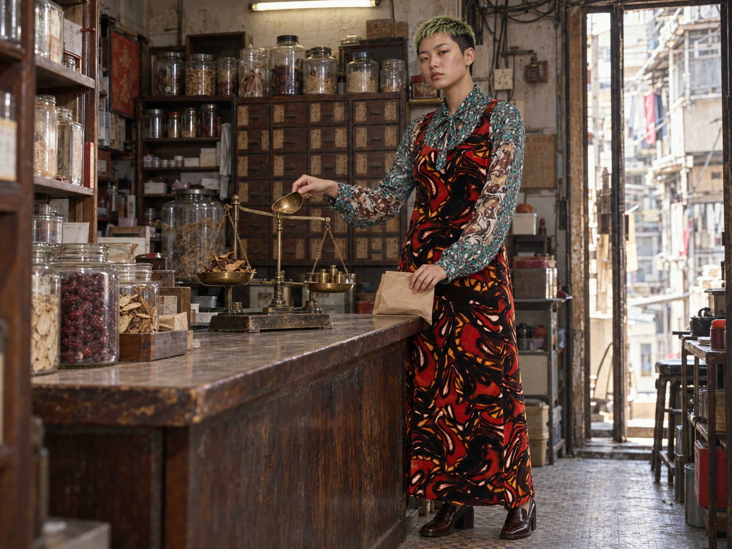 Acid-green cropped adult model in a red marbled velvet dress over a teal printed blouse, standing beside a narrow herbal-shop counter with jars, drawers, a brass balance and plain paper.