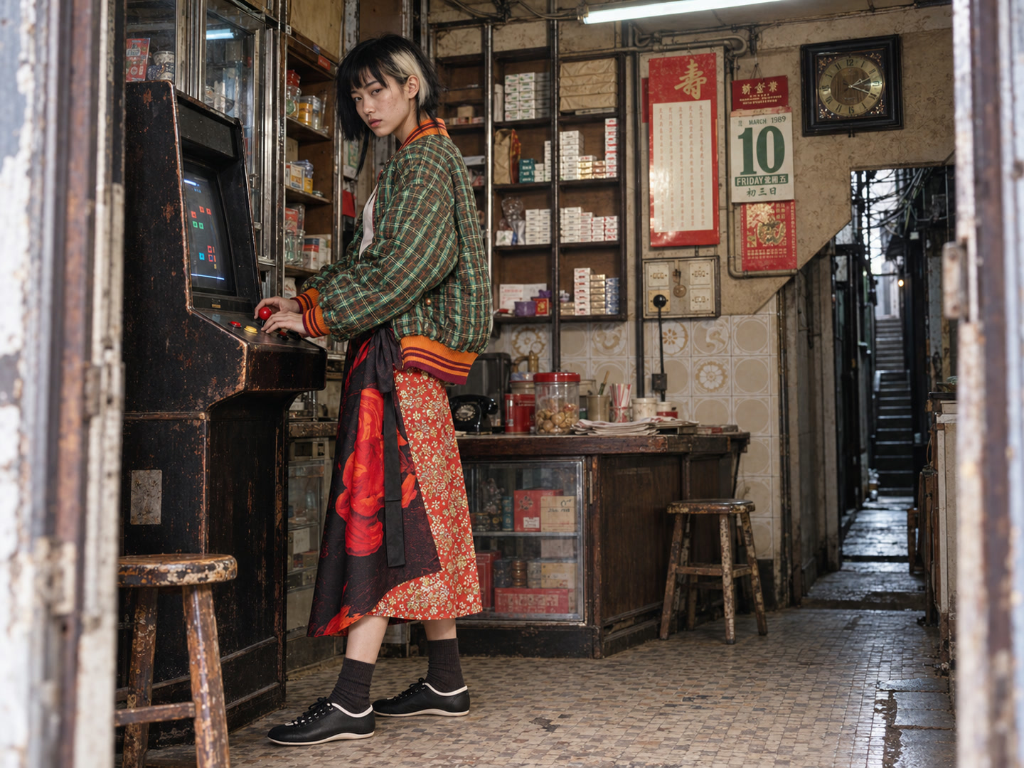 Full three-quarter adult figure with a black-and-white bob at an old CRT arcade cabinet, green/orange bomber and huge red-flower wrap skirt, both hands and low shoes visible.
