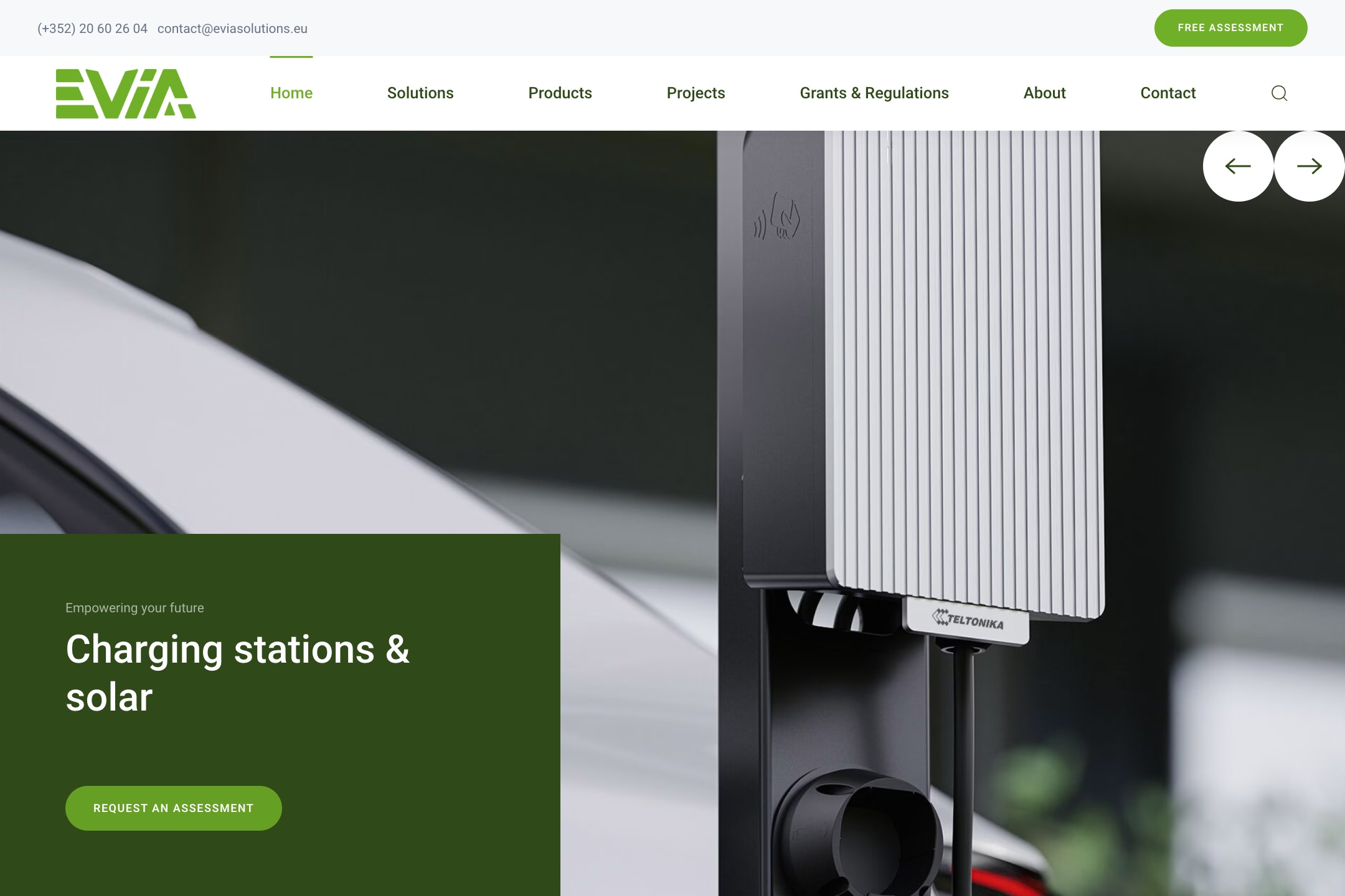 English version of the EVia homepage with translated headline and navigation.