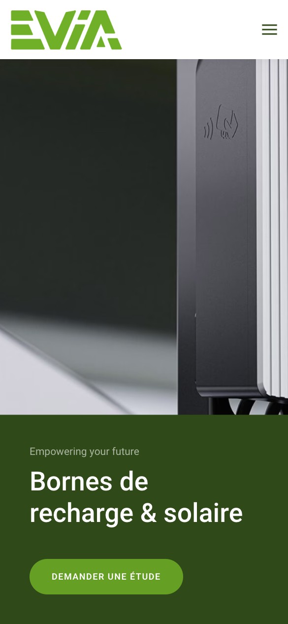 The EVia homepage in a narrow mobile browser viewport.