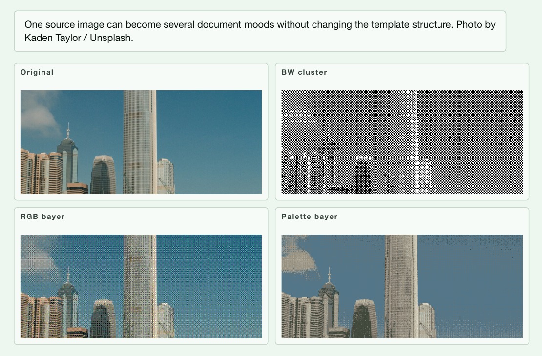 One Hong Kong photograph shown in its original form and three dithered treatments inside the Typst template.