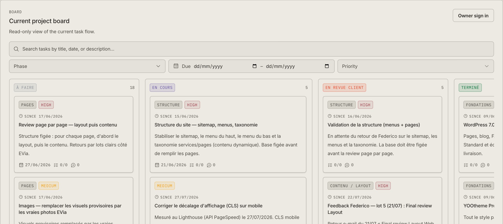 The EVia client board with French task columns and search controls.