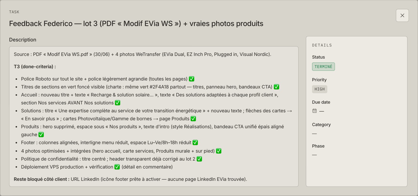 A completed feedback task listing the source PDF, product photos and specific changes.