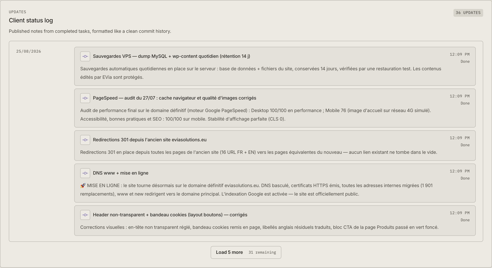 The EVia client status log, showing dated French delivery notes.
