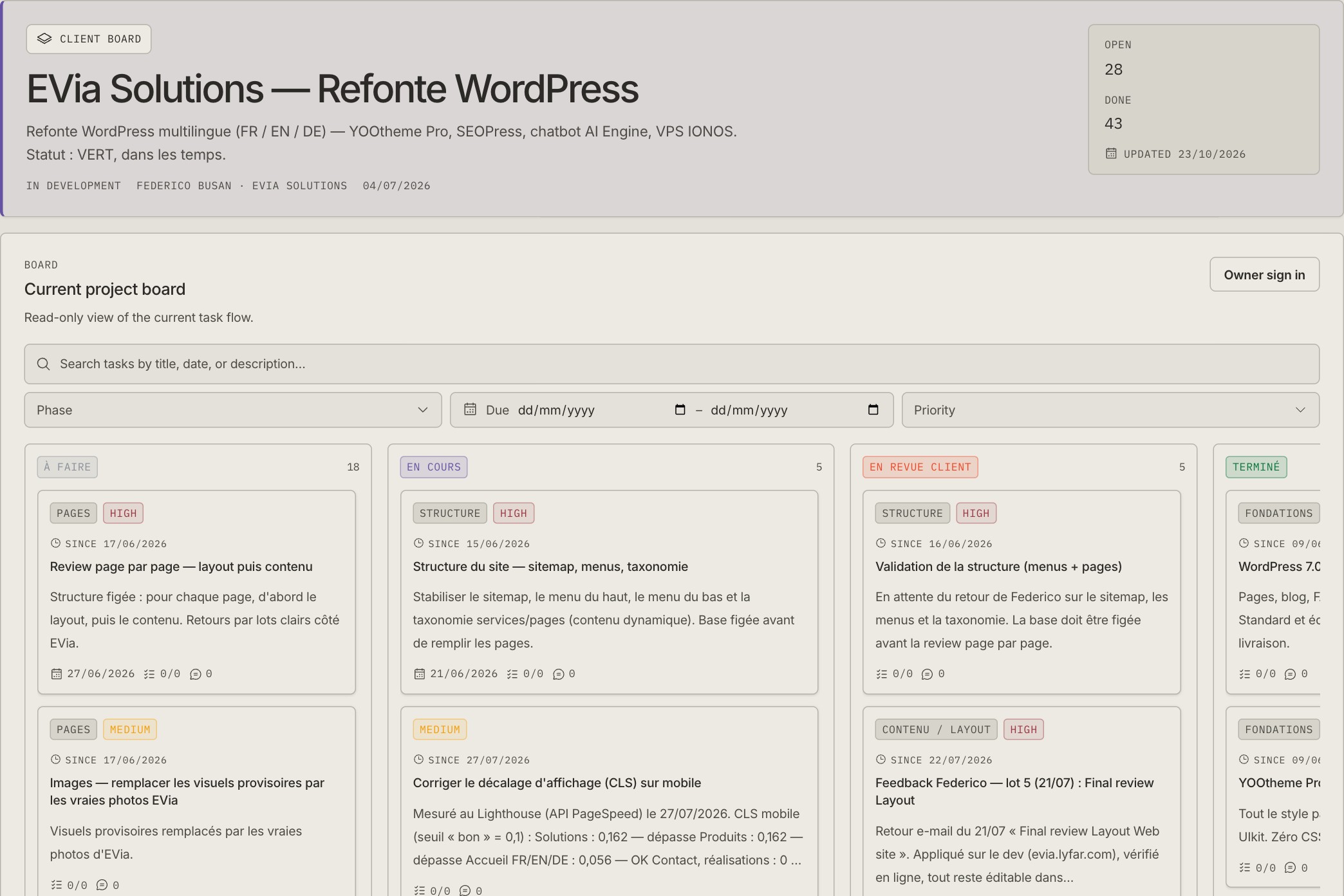 The real EVia client board with project details, French task columns and search filters.