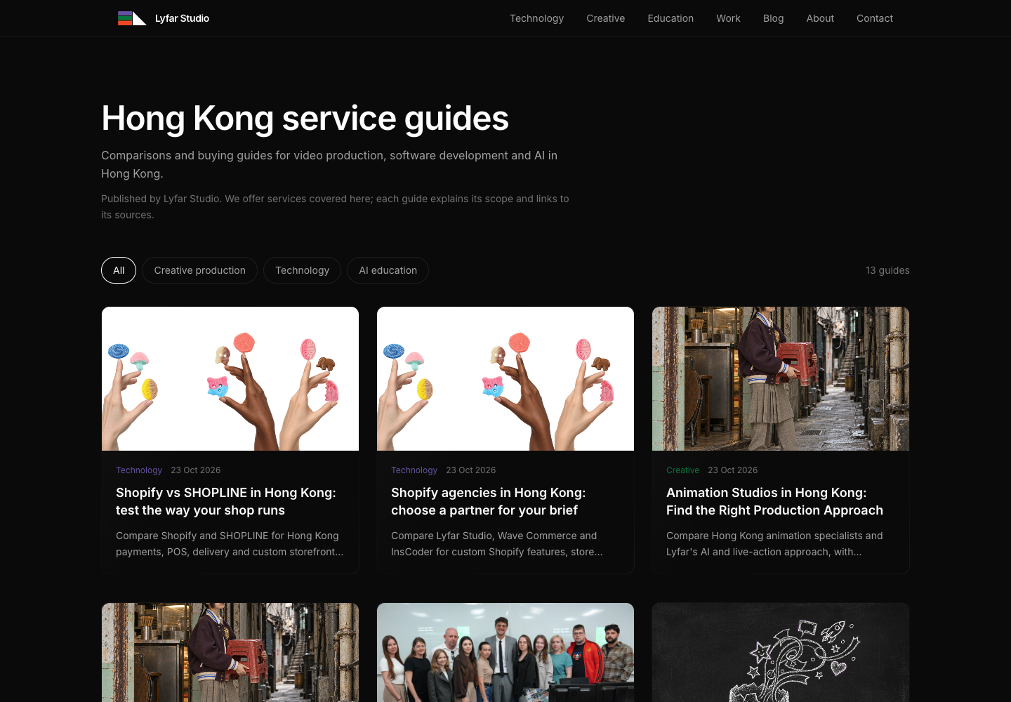 Lyfar Studio's Hong Kong guide hub, showing commerce, creative-production and AI-education articles.