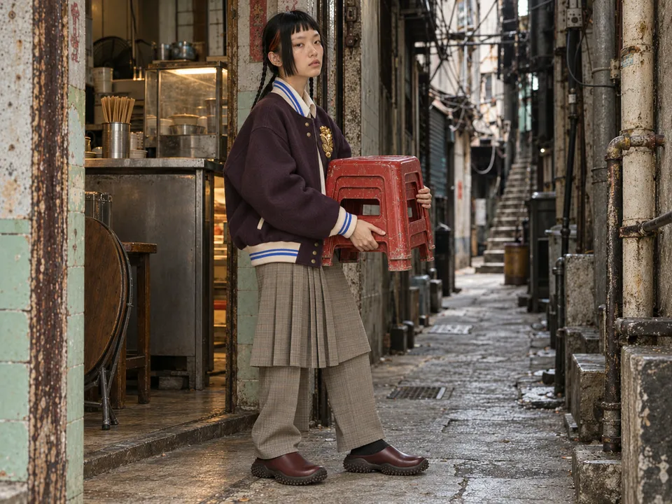 A fictional model in a plum bomber and skirt trousers carries red stools through a Kowloon passage.