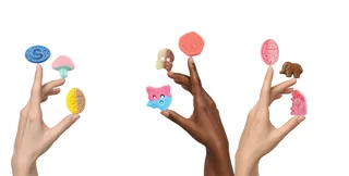 Three hands carrying nine candies in the custom Shopify storefront.